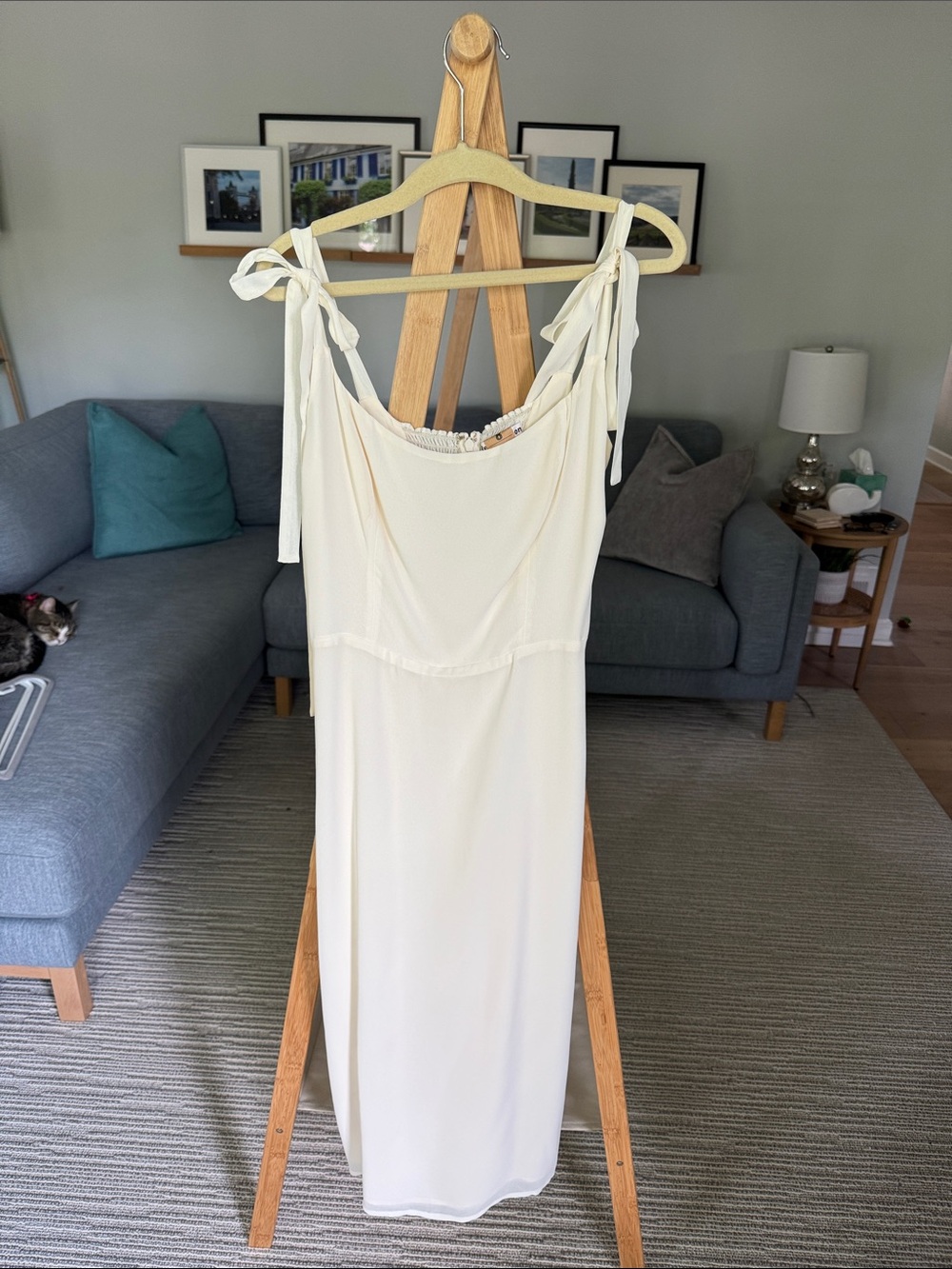 Reformation Tie-Shoulder Ivory Midi Dress with Feminine Silhouette